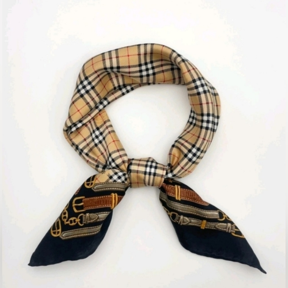 Burberrys Vintage Nova Check Silk Scarf 23x23 Belt Equestrian Print